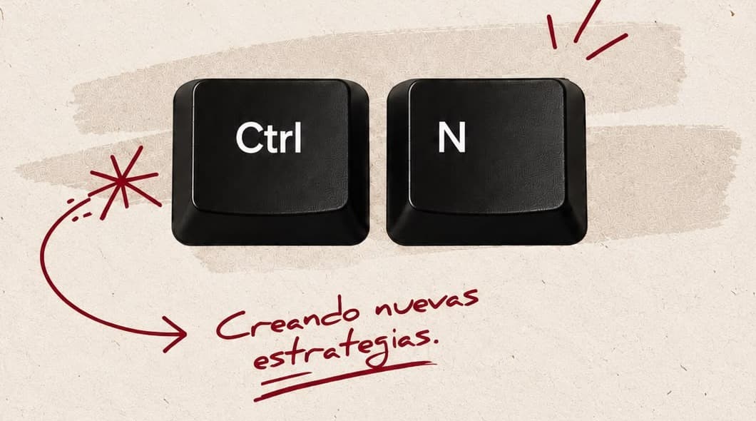 Teclas Ctrl y N sobre papel kraft, con la anotación a mano «Creando nuevas estrategias.»